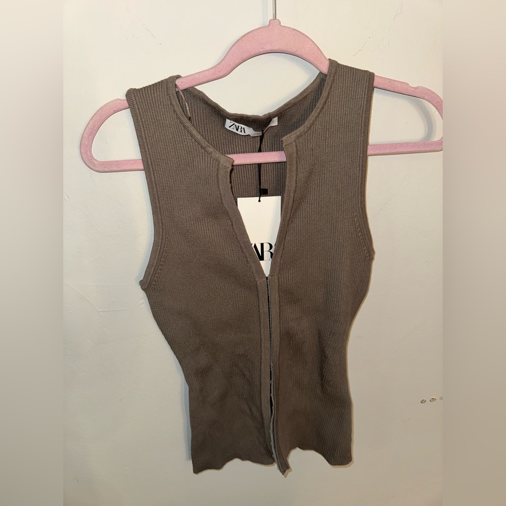 ZARA Olive Ribbed Zip-Front Tank